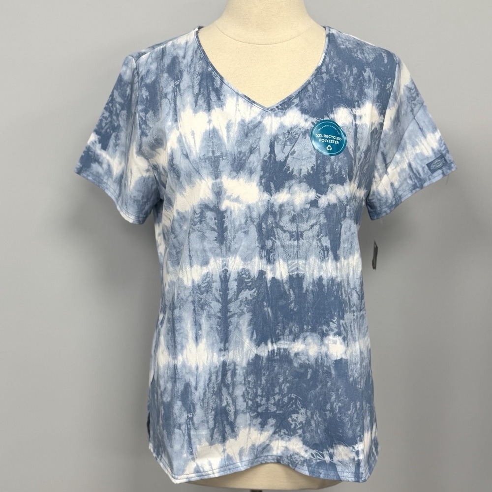 NWT Dickies Scrub Top L Denim Blue & White Tie Dye Scrubs Nurse Vet Uniform